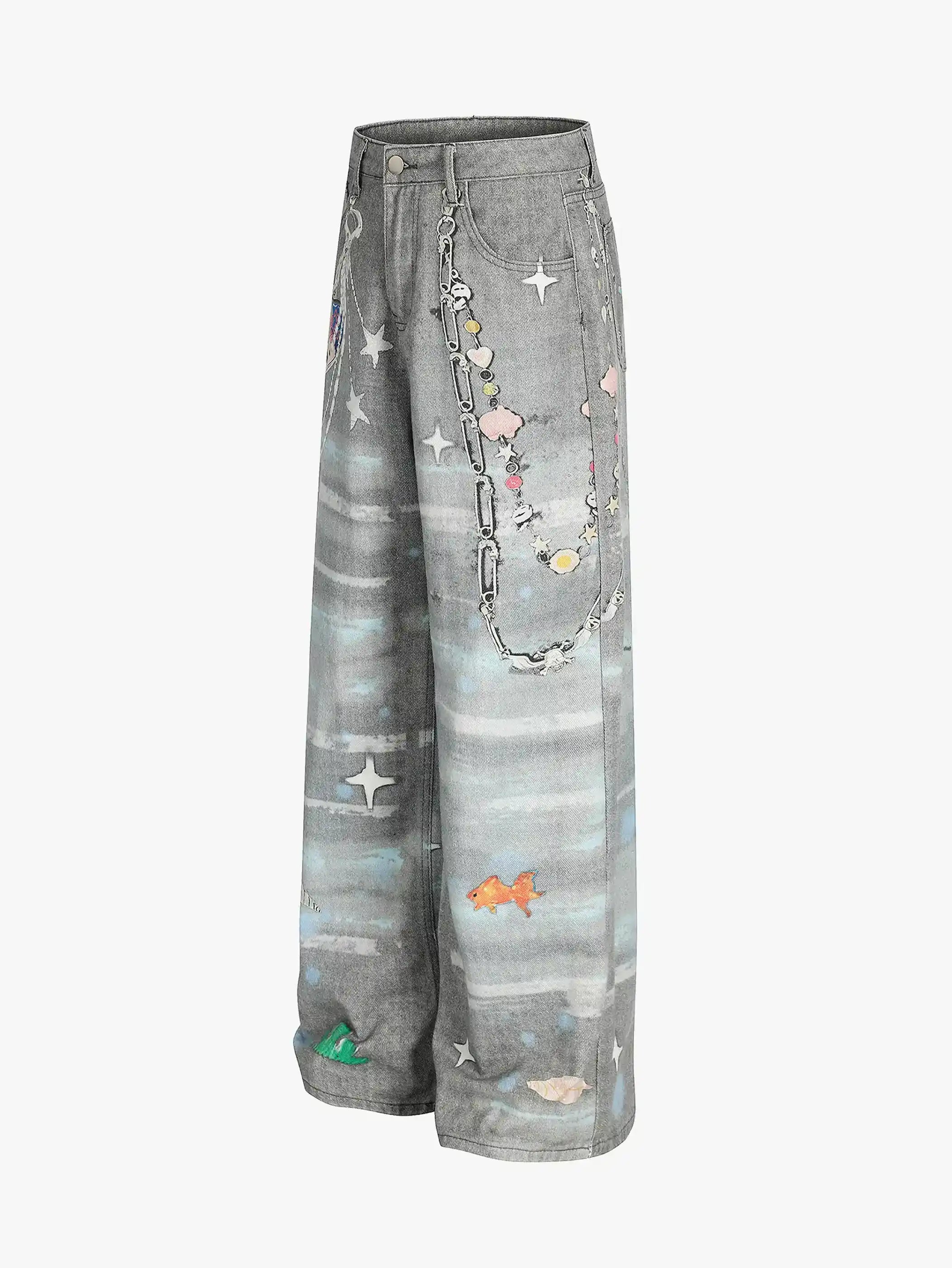 Playful Dog & Starfish Print Denim Pants-S1076