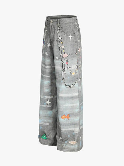Playful Dog & Starfish Print Denim Pants-S1076
