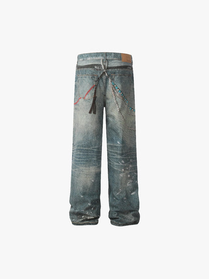 Double Crazy Trendy Streetwear Fashion Trousers Distressed Denim Pants with Chain and Paint Splatter Design - S982