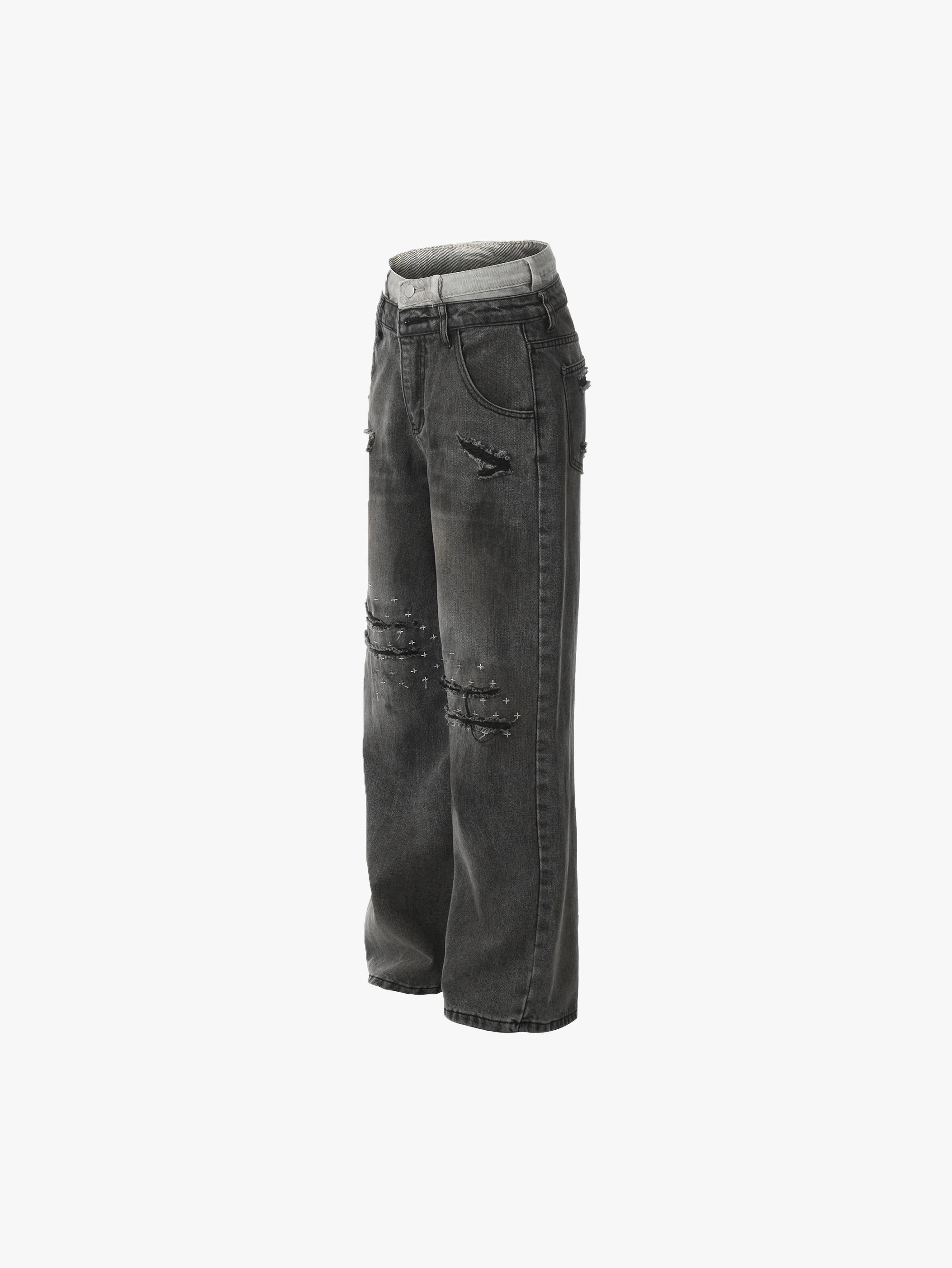 Double Crazy Distressed Wide-Leg Denim with Rips and Studded Detailing Trendy Streetwear Trousers - S989