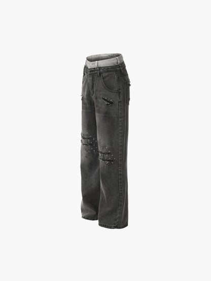Double Crazy Distressed Wide-Leg Denim with Rips and Studded Detailing Trendy Streetwear Trousers - S989