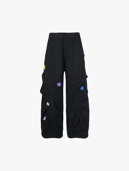 Double Crazy Floral Embroidered Denim Pants with Side Pockets Trendy Streetwear Casual Loose Fit