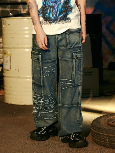 Street Repair Cargo Denim Pants-S1061