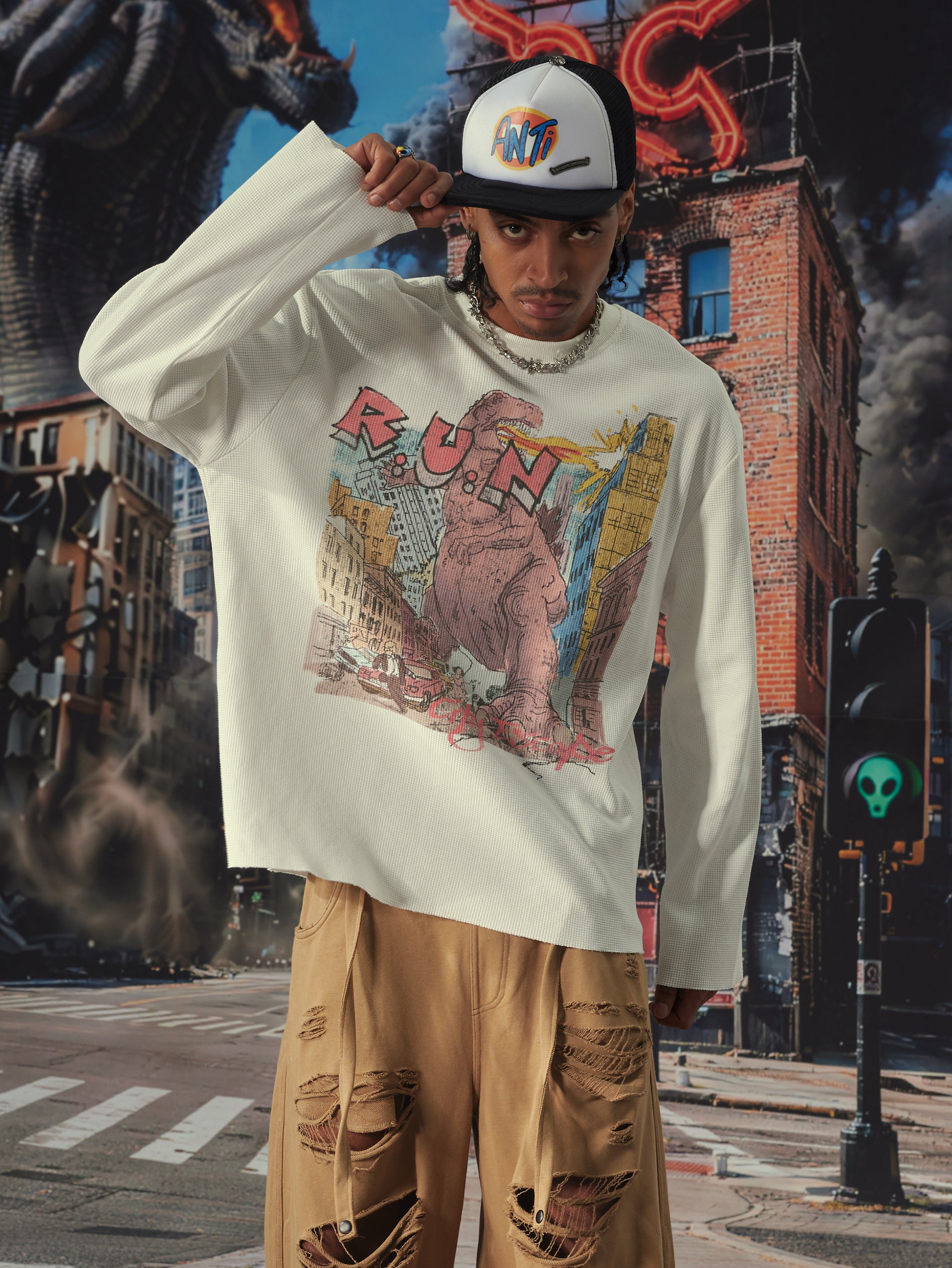 Washed Monster Boxy Waffle L/S-707