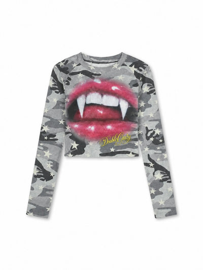 Camo vampire fangs long sleeve top front view DoubleCrazy