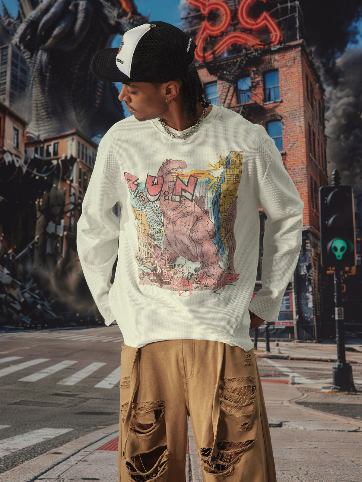 Washed Monster Boxy Waffle L/S-707