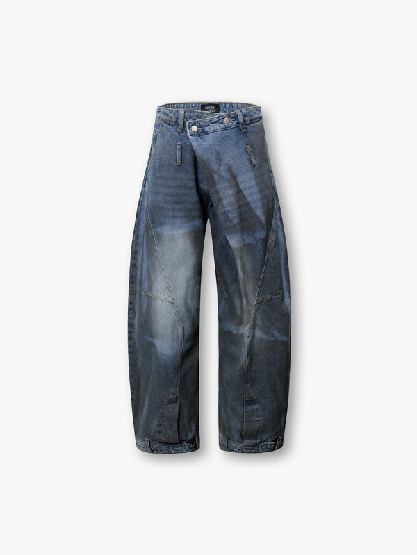 Pantalones cargo de pierna ancha de mezclilla lavada con detalles artísticos de desvanecimiento y costuras