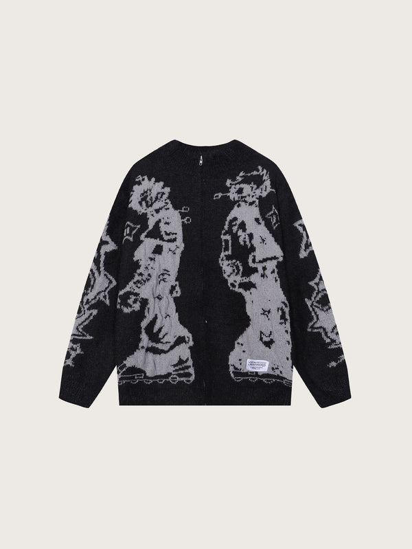 Black Knitted Sweater with Abstract Gray Graphics Bold Character Motifs