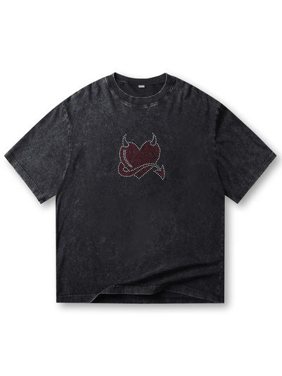 Trendy Studded Heart Devil Graphic T-Shirt-S140