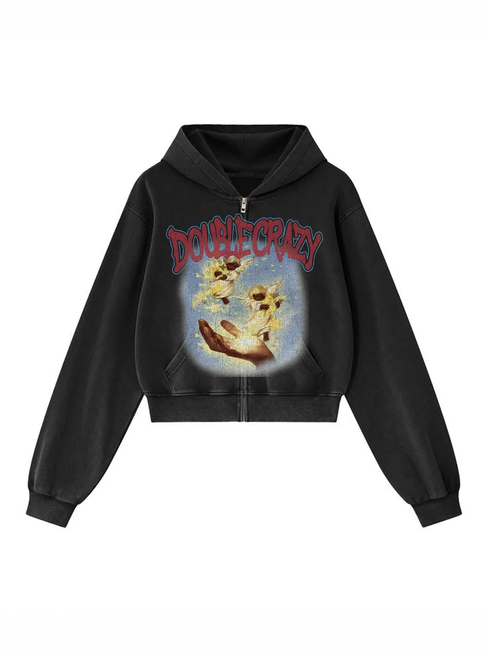Y2K Grunge Cracked Angel Crop Hoodie-826