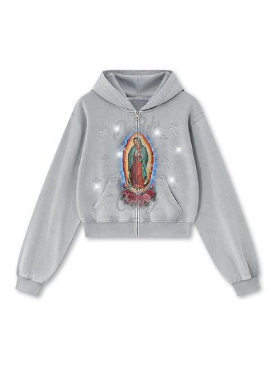 Bling Chicano Guadalupe Crop Zip-829