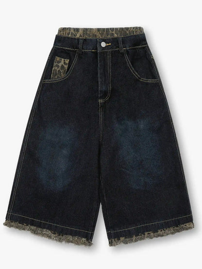 Wide Leg Denim Shorts with Leopard Patchwork-S1039
