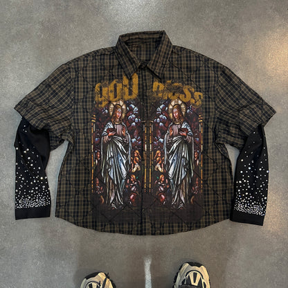 New Collection Print Shirt for Streetwear with Plaid and Rhinestone Detail Casual Button-Up Top - 158