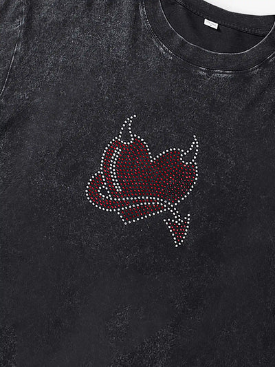 Trendy Studded Heart Devil Graphic T-Shirt-S140