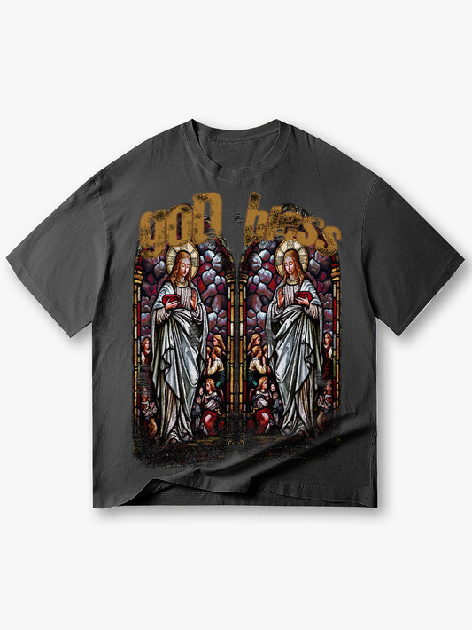 God Bless Stained Glass T Shirt Vintage Religious Angel Graphic Tee-158