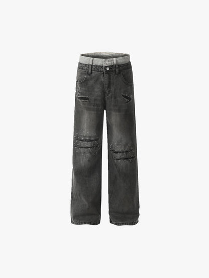 Double Crazy Distressed Wide-Leg Denim with Rips and Studded Detailing Trendy Streetwear Trousers - S989