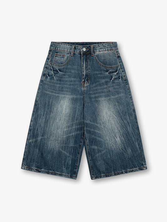 Washed Denim Shorts Men Loose Fit Vintage Knee Length Streetwear Jeans-S1020