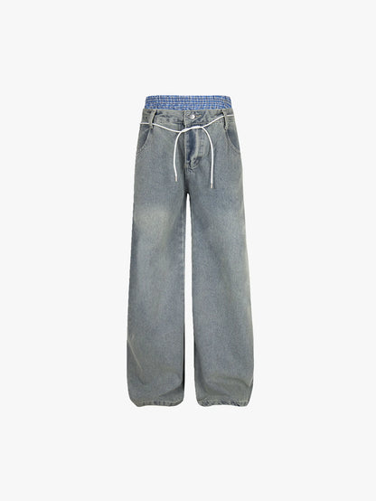 New Style Casual Wide-Leg Denim Pants with Drawstring Waist Trendy Relaxed Fit Streetwear Jeans