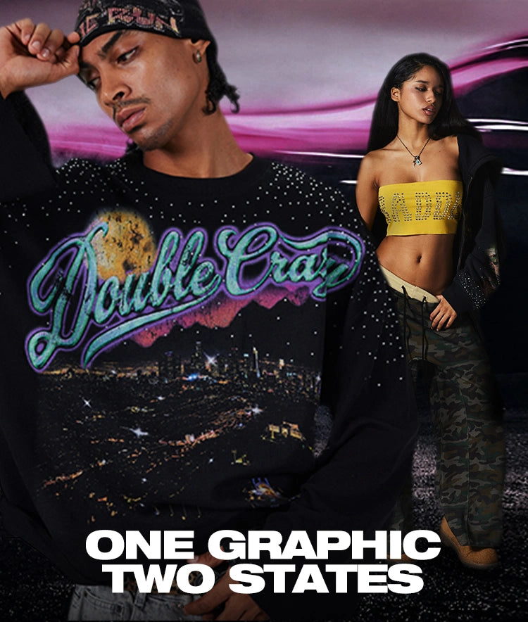 Two models wearing DoubleCrazy rhinestone graphic streetwear in a neon-lit night scene under the slogan “One Graphic. Two States.