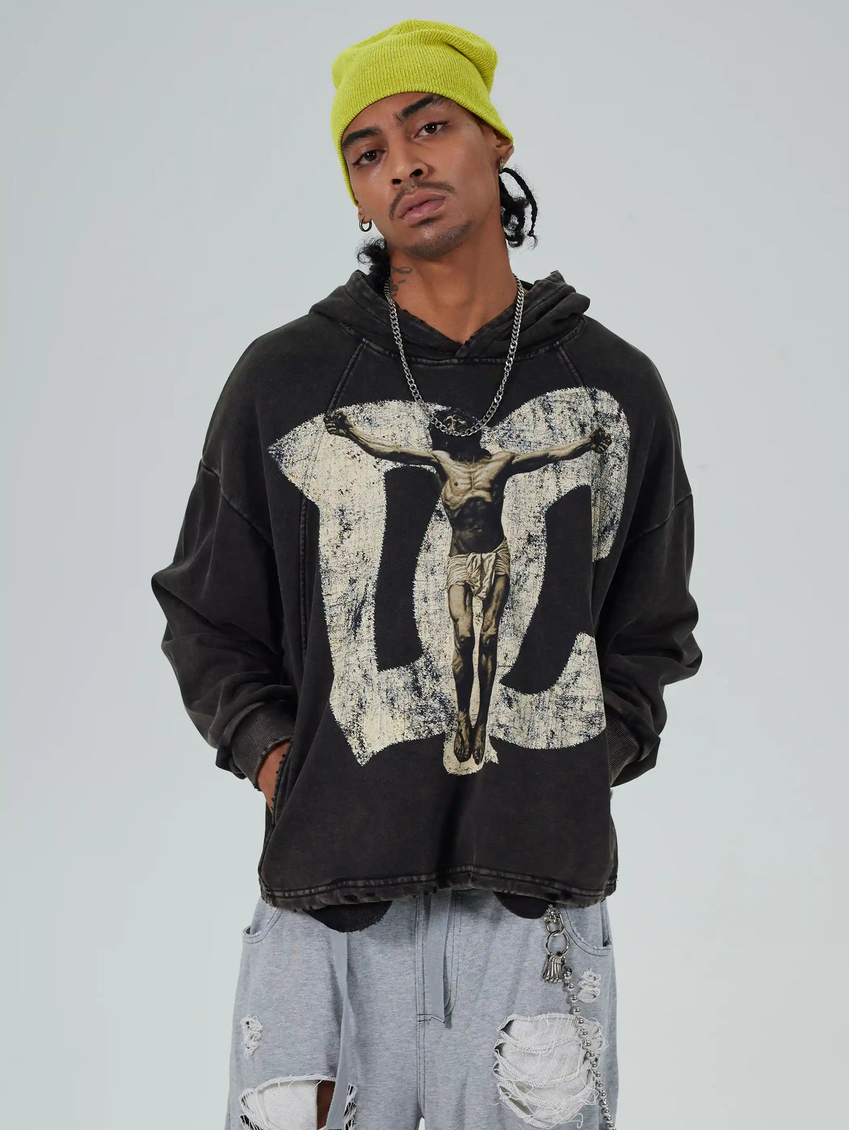 Vintage Savior Print Boxy Hoodie-719