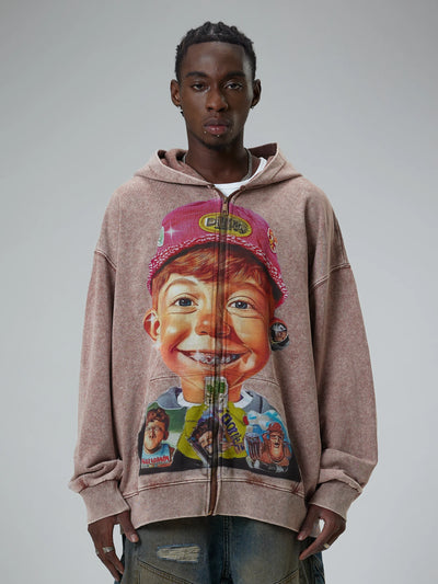 Sudadera retro marrón con dibujo de niño y estampado gráfico