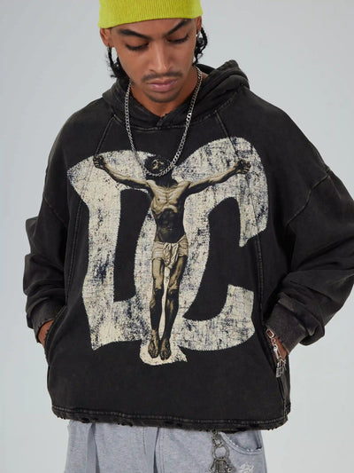 Vintage Savior Print Boxy Hoodie-719