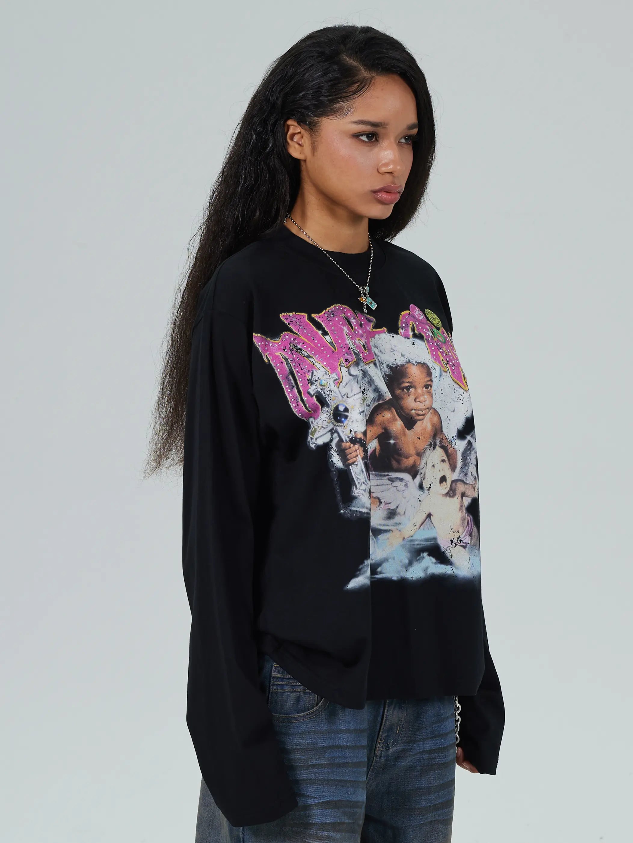 Rhinestone Afro Cherub Boxy L/S-729