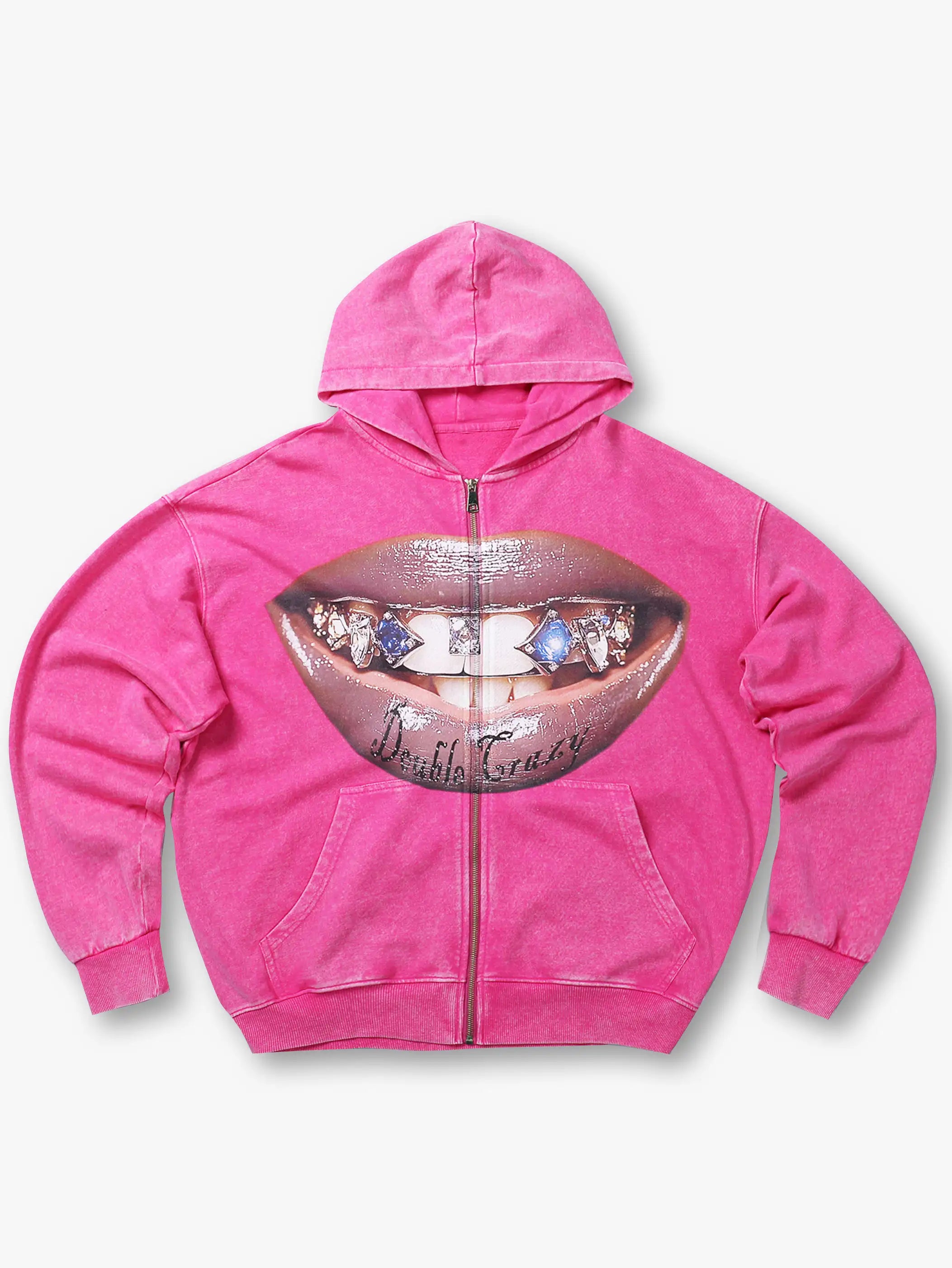Bold Lip Graphic Pink Hoodie with Zipper - 029