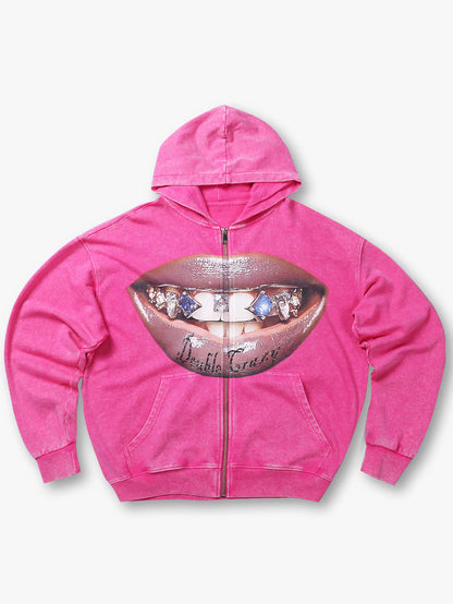 Bold Lip Graphic Pink Hoodie with Zipper - 029