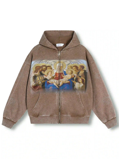 Sudadera con capucha y cremallera de icono religioso vintage-104