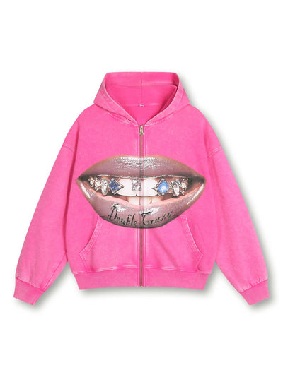 Bold Lip Graphic Pink Hoodie with Zipper - 029