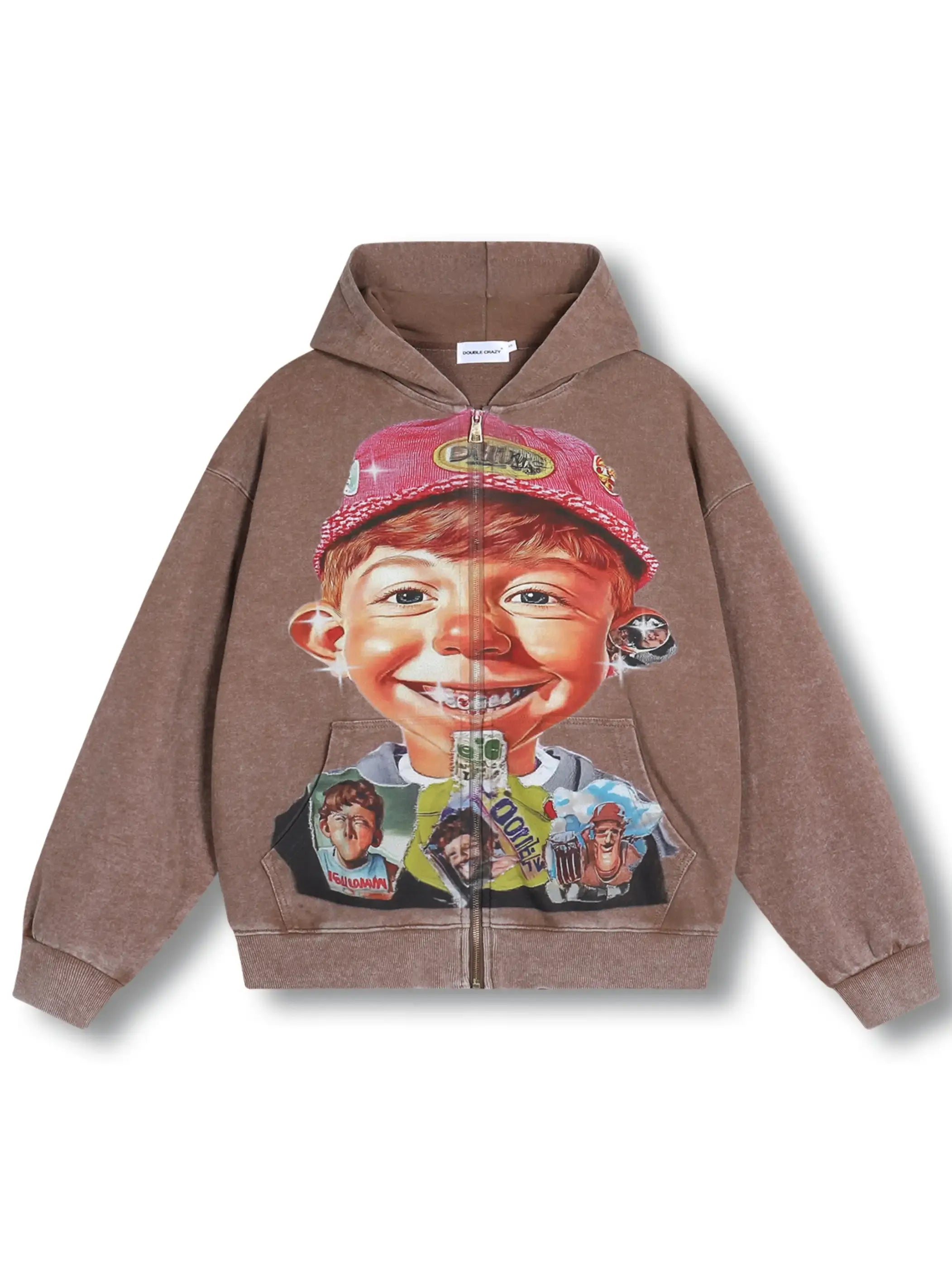 Sudadera retro marrón con dibujo de niño y estampado gráfico