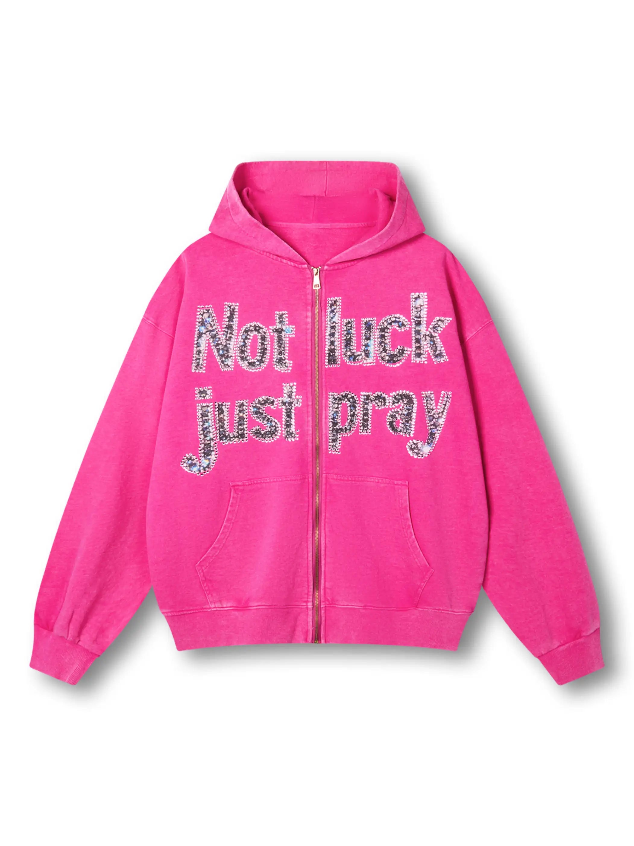 Sudadera con capucha gris Double Crazy con gráfico de texto "Not Luck Just Pray" de cristal