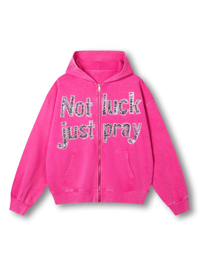 Sudadera con capucha gris Double Crazy con gráfico de texto "Not Luck Just Pray" de cristal