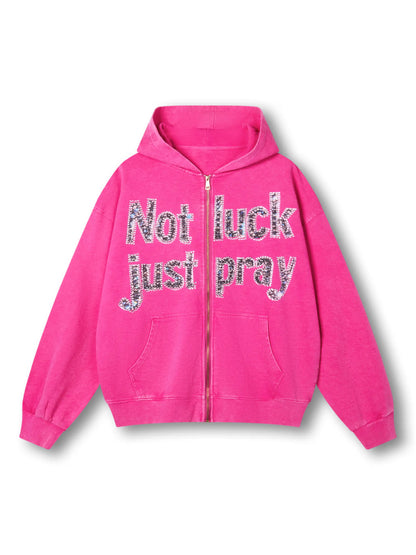 Sudadera con capucha gris Double Crazy con gráfico de texto "Not Luck Just Pray" de cristal
