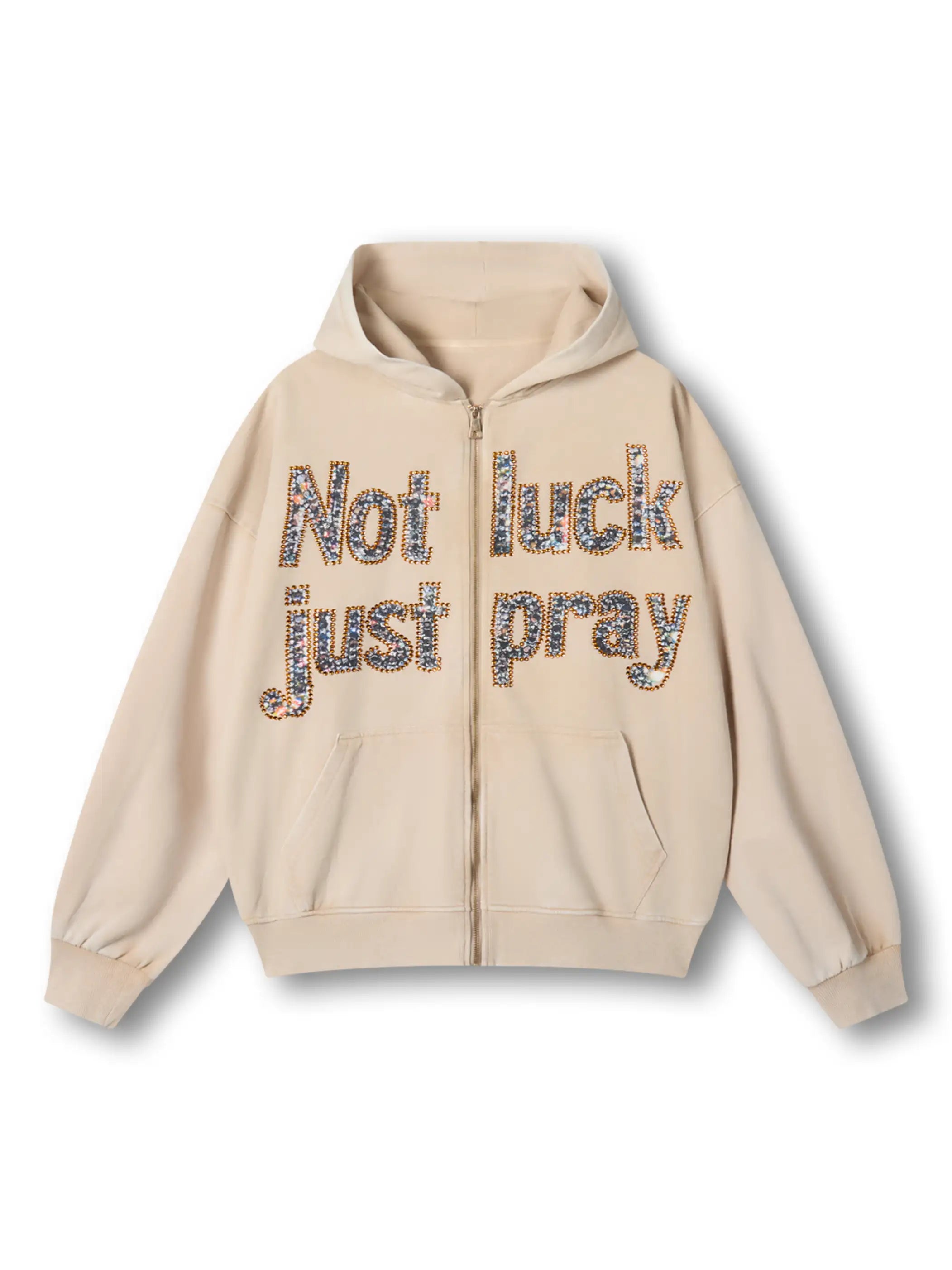 Sudadera con capucha gris Double Crazy con gráfico de texto "Not Luck Just Pray" de cristal