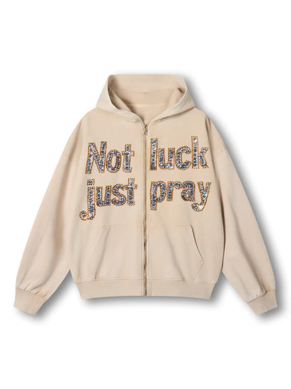 Sudadera con capucha gris Double Crazy con gráfico de texto "Not Luck Just Pray" de cristal