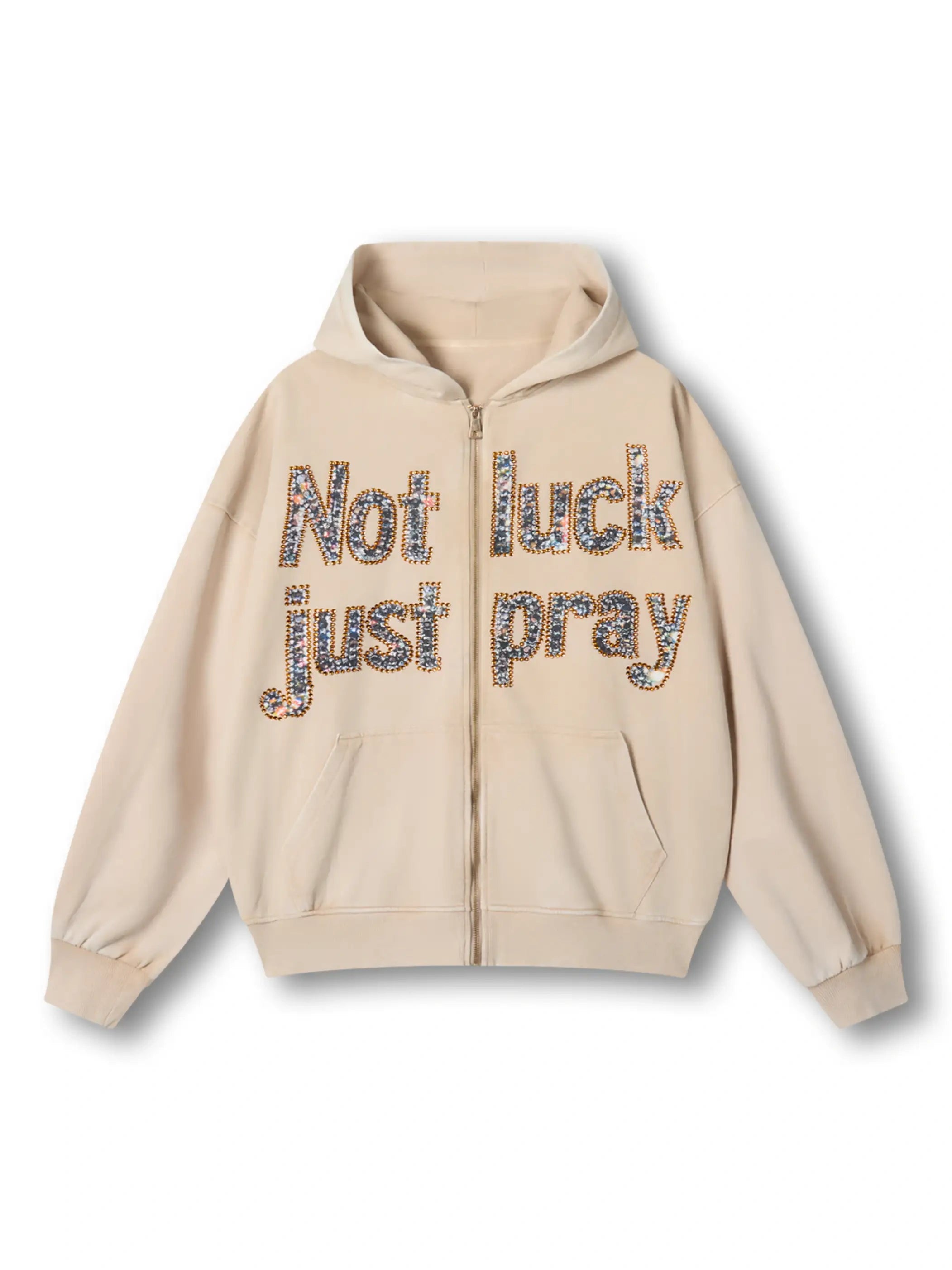 Sweat à capuche gris doublement fou avec texte « Not Luck Just Pray » en cristal 