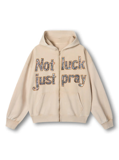Sweat à capuche gris doublement fou avec texte « Not Luck Just Pray » en cristal 