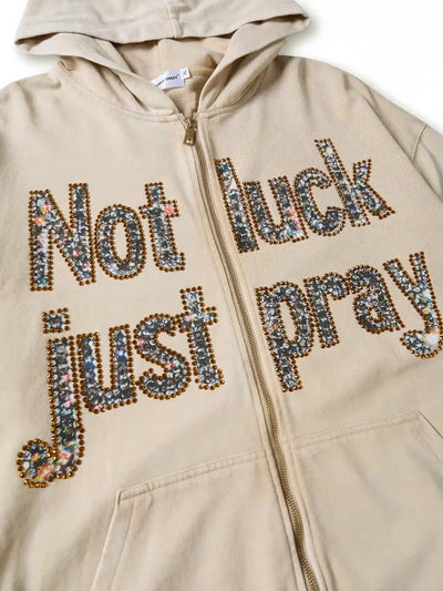 Sweat à capuche gris doublement fou avec texte « Not Luck Just Pray » en cristal 