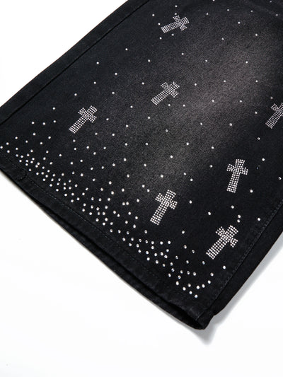 Rhinestone Cross Denim Pants-358