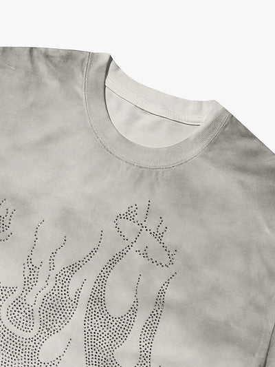 DOUBLECRAZY Camiseta Vintage de Gradiente de Diamantes con Hombre en Llamas-041