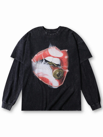 Edgy Red Lip Bullet Detail T-shirt -108