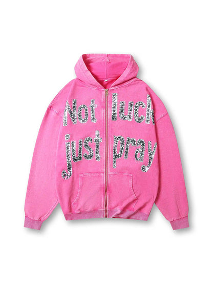 Sudadera con capucha gris Double Crazy con gráfico de texto "Not Luck Just Pray" de cristal