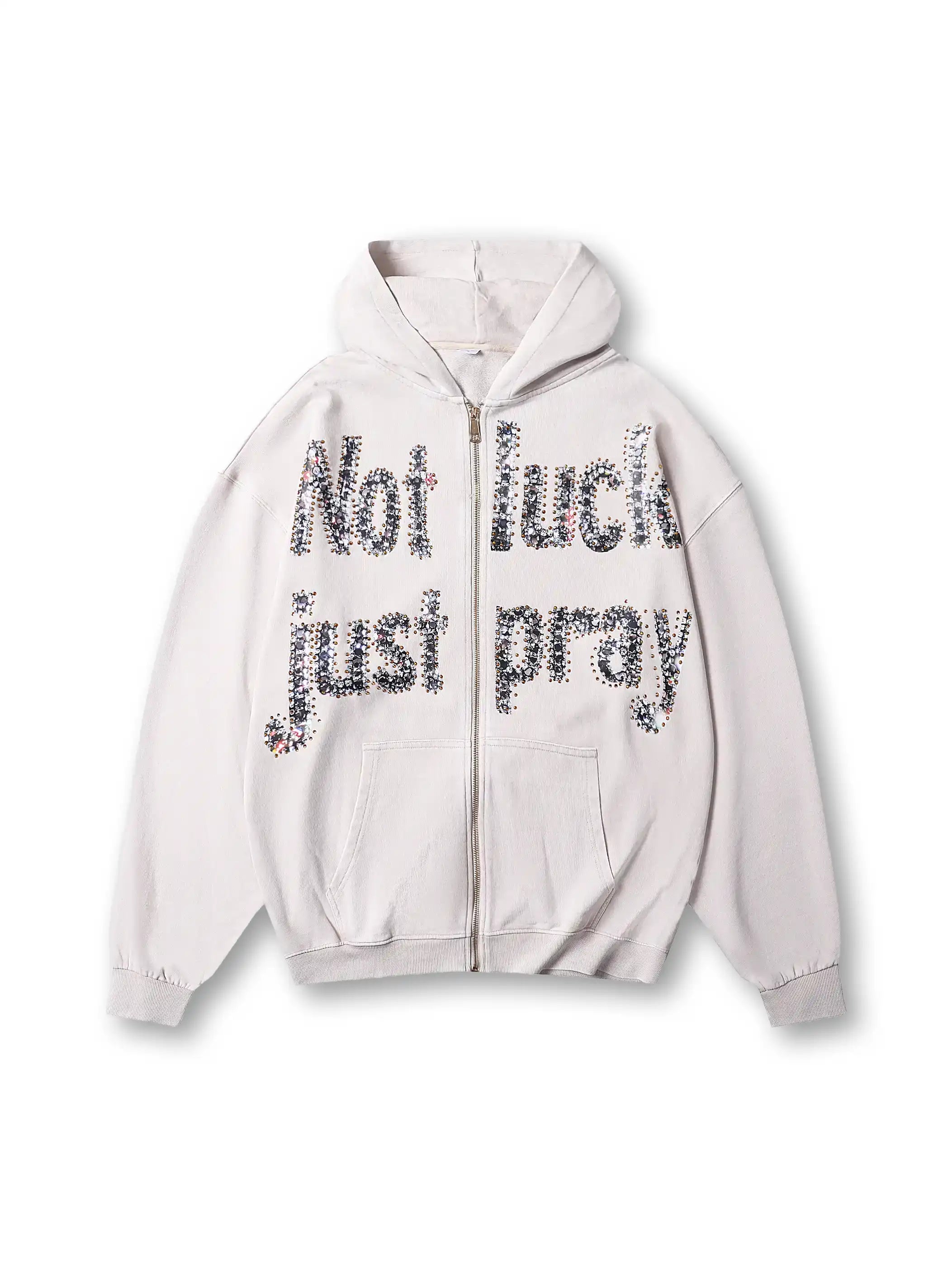 Sudadera con capucha gris Double Crazy con gráfico de texto "Not Luck Just Pray" de cristal