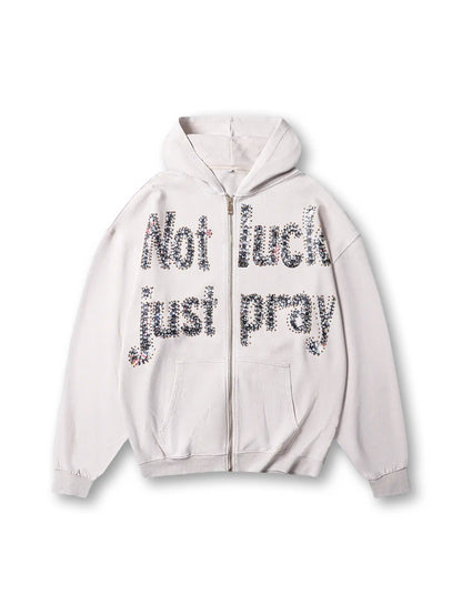 Sudadera con capucha gris Double Crazy con gráfico de texto "Not Luck Just Pray" de cristal