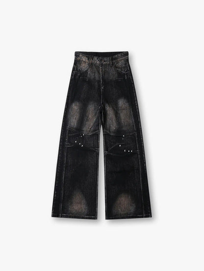 Pantalon en denim gris délavé avec empiècements avant superposés subtilement vieillis, coupe large