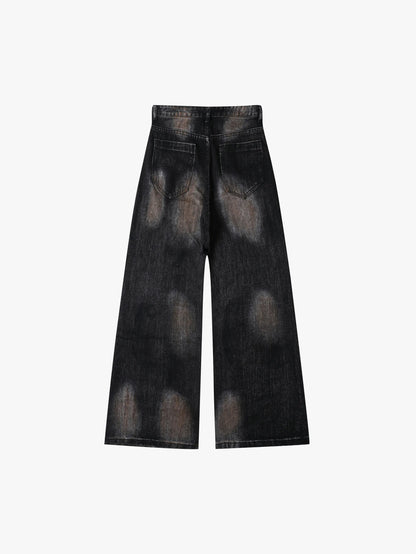 Pantalon en denim gris délavé avec empiècements avant superposés subtilement vieillis, coupe large
