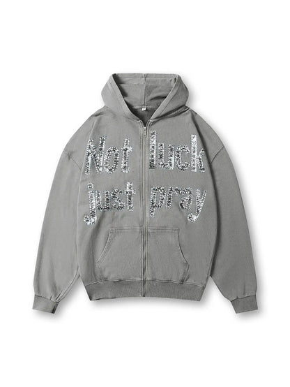 Sudadera con capucha gris Double Crazy con gráfico de texto "Not Luck Just Pray" de cristal