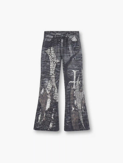 Printed Flared Denim Pants with Distressed Design Trendy Streetwear Fashion
